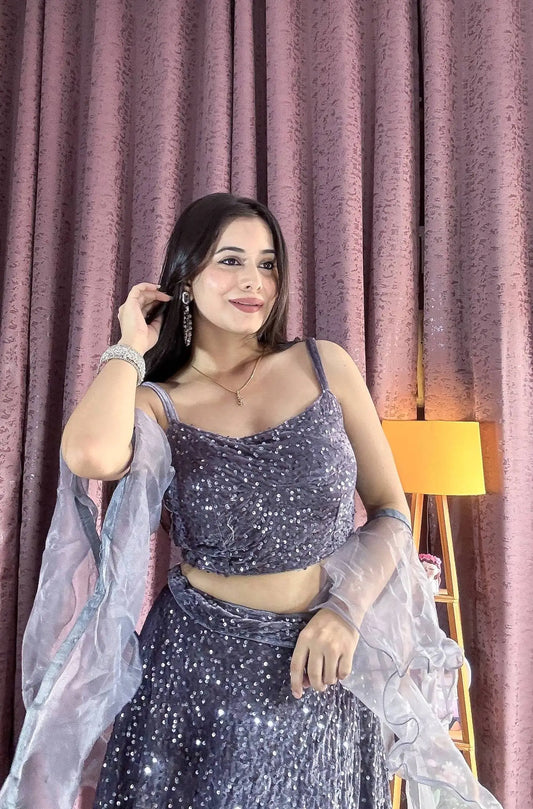 Grey Velvet Sequin Work Lehenga Choli With Ruffle Dupatta