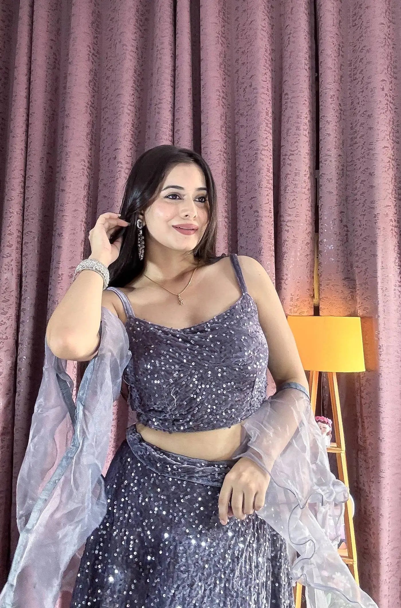 Grey Velvet Sequin Work Lehenga Choli With Ruffle Dupatta