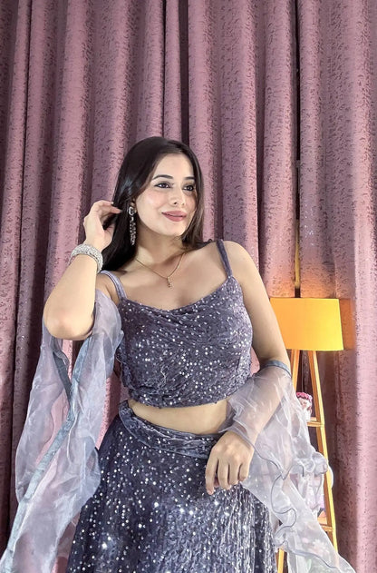 Grey Velvet Sequin Work Lehenga Choli With Ruffle Dupatta