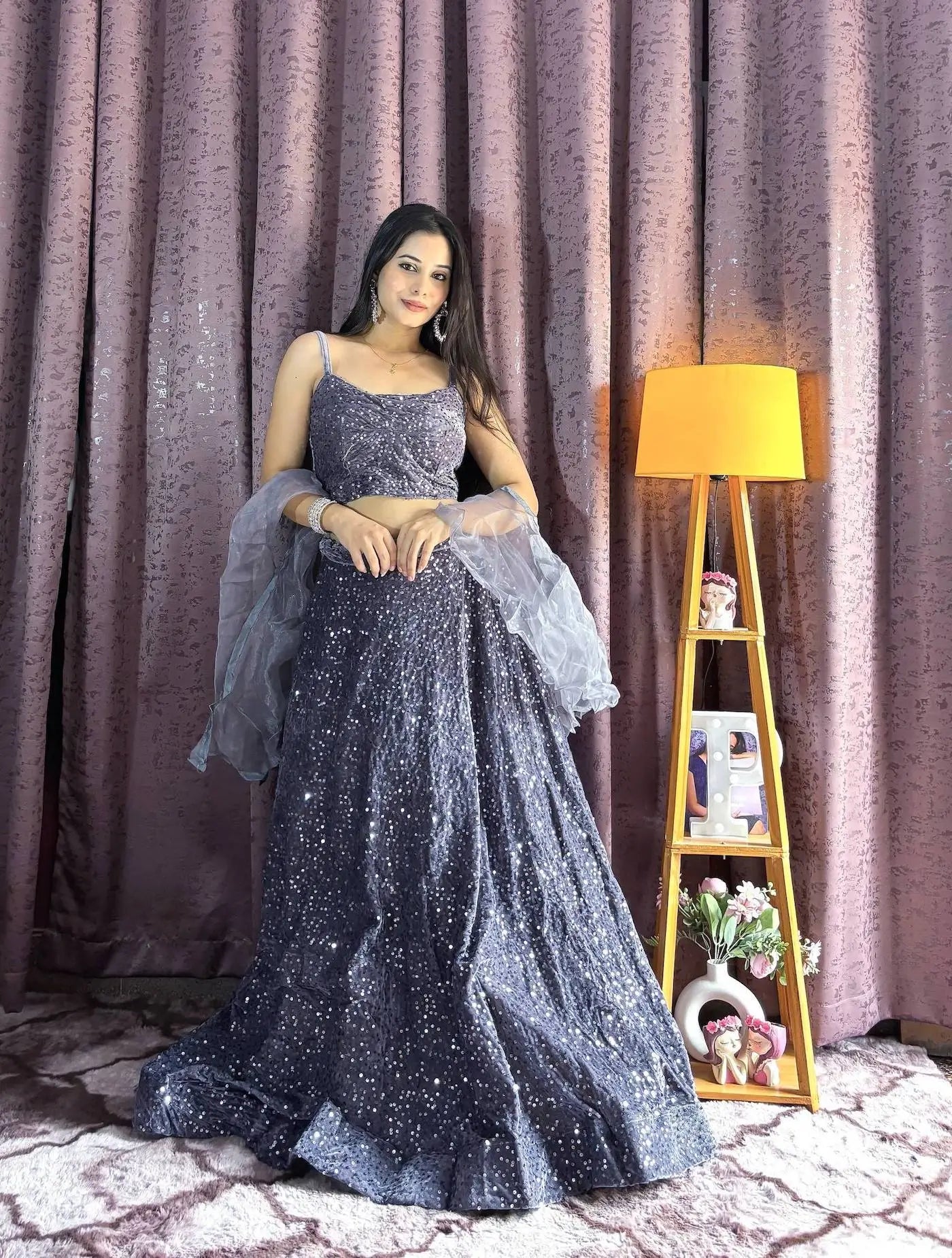 Grey Velvet Sequin Work Lehenga Choli With Ruffle Dupatta