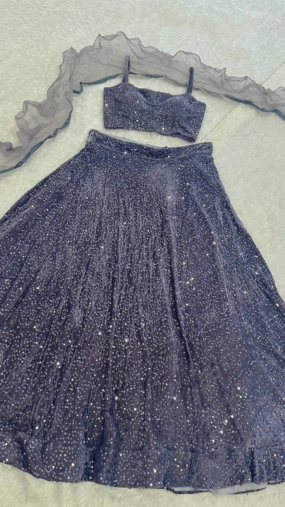 Grey Velvet Sequin Work Lehenga Choli With Ruffle Dupatta