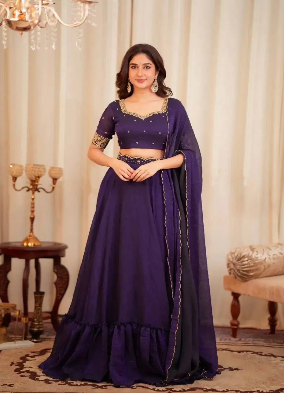 Dark Purple Crush Silk Embroidery Work Lehenga choli
