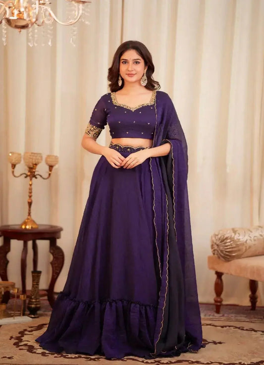 Dark Purple Crush Silk Embroidery Work Lehenga choli