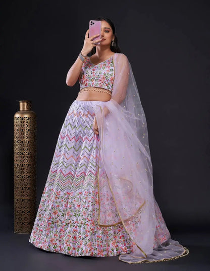 Lavender Satin Silk Thread & Sequence Embroidery Work Lehenga Choli