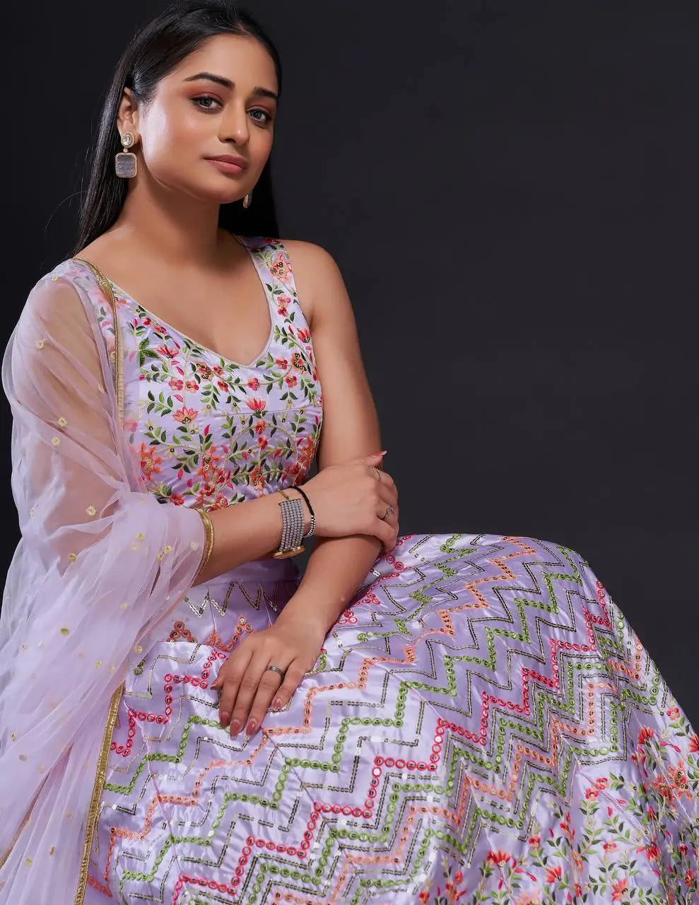 Lavender Satin Silk Thread & Sequence Embroidery Work Lehenga Choli