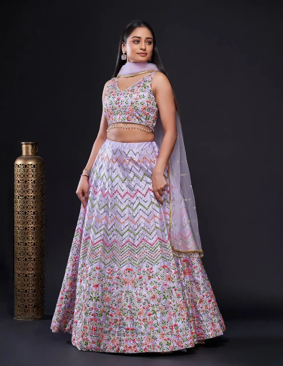 Lavender Satin Silk Thread & Sequence Embroidery Work Lehenga Choli