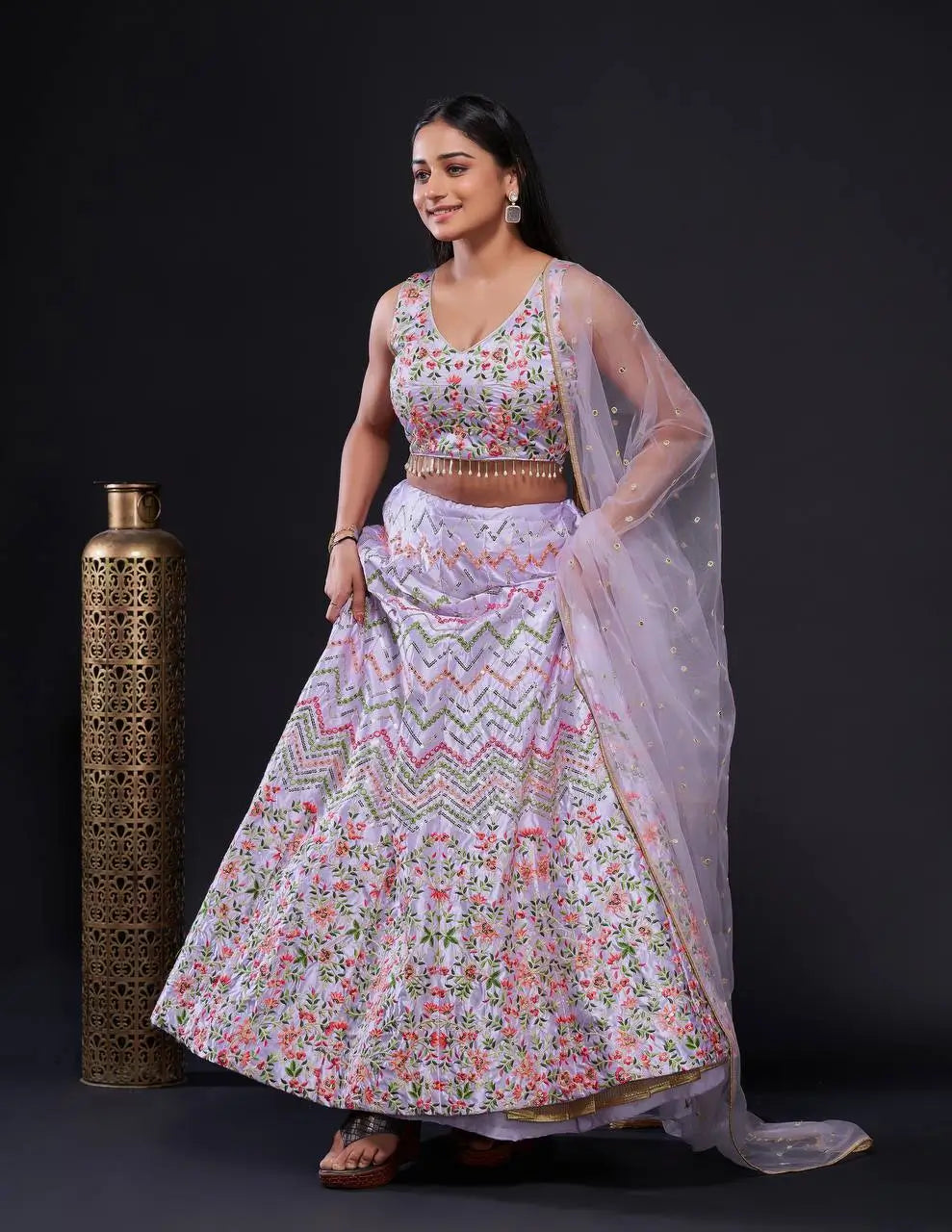 Lavender Satin Silk Thread & Sequence Embroidery Work Lehenga Choli