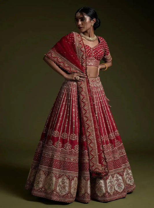 Red Rangoon Silk Sequence, Thread & Dori Work Lehenga Choli