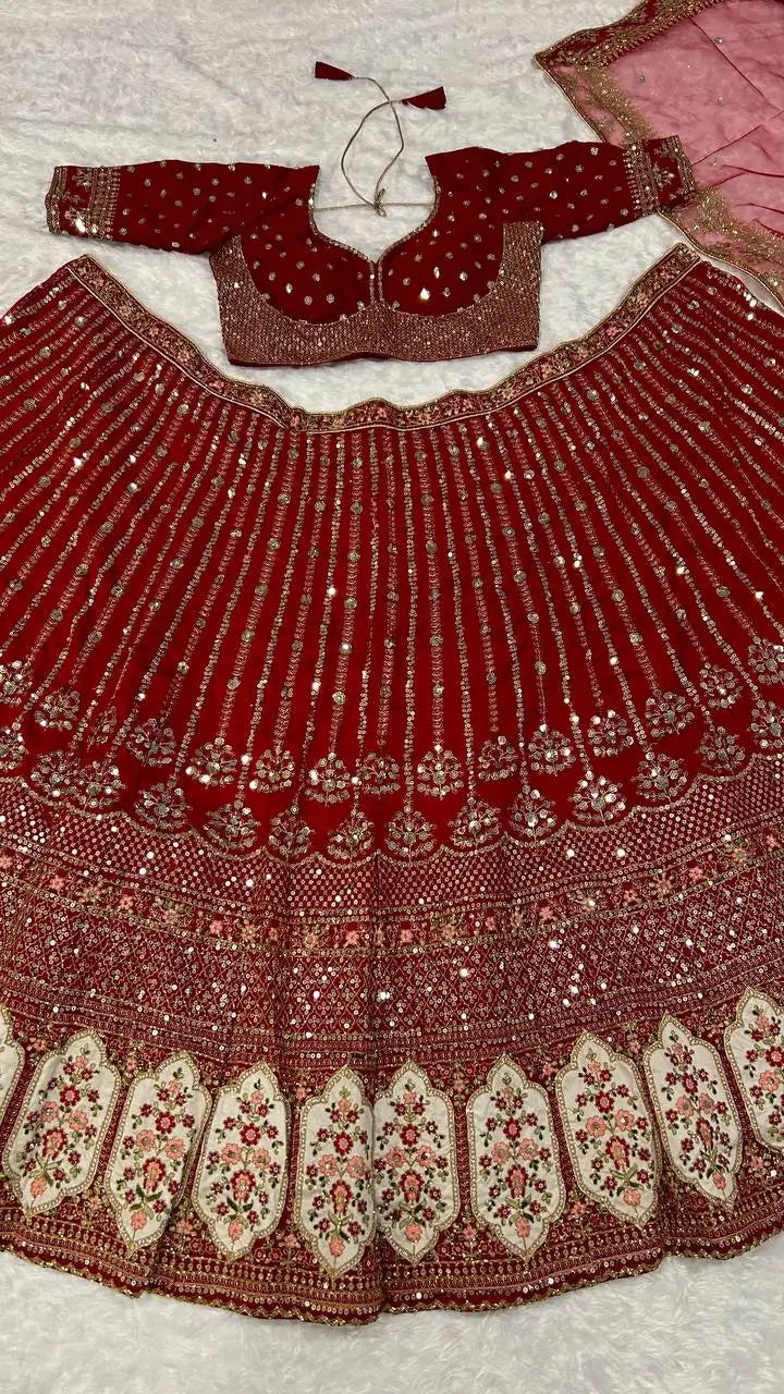 Red Rangoon Silk Sequence, Thread & Dori Work Lehenga Choli