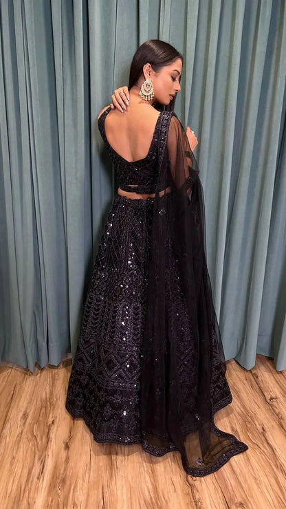 Hot Black Net Lehenga Choli Dori & Sequence Embroidery Work Lehenga Choli