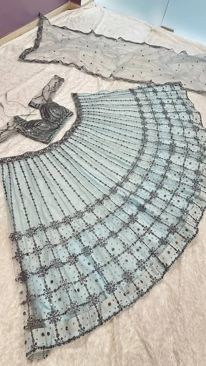 Sky Blue Net Sequence Work Lehenga Choli