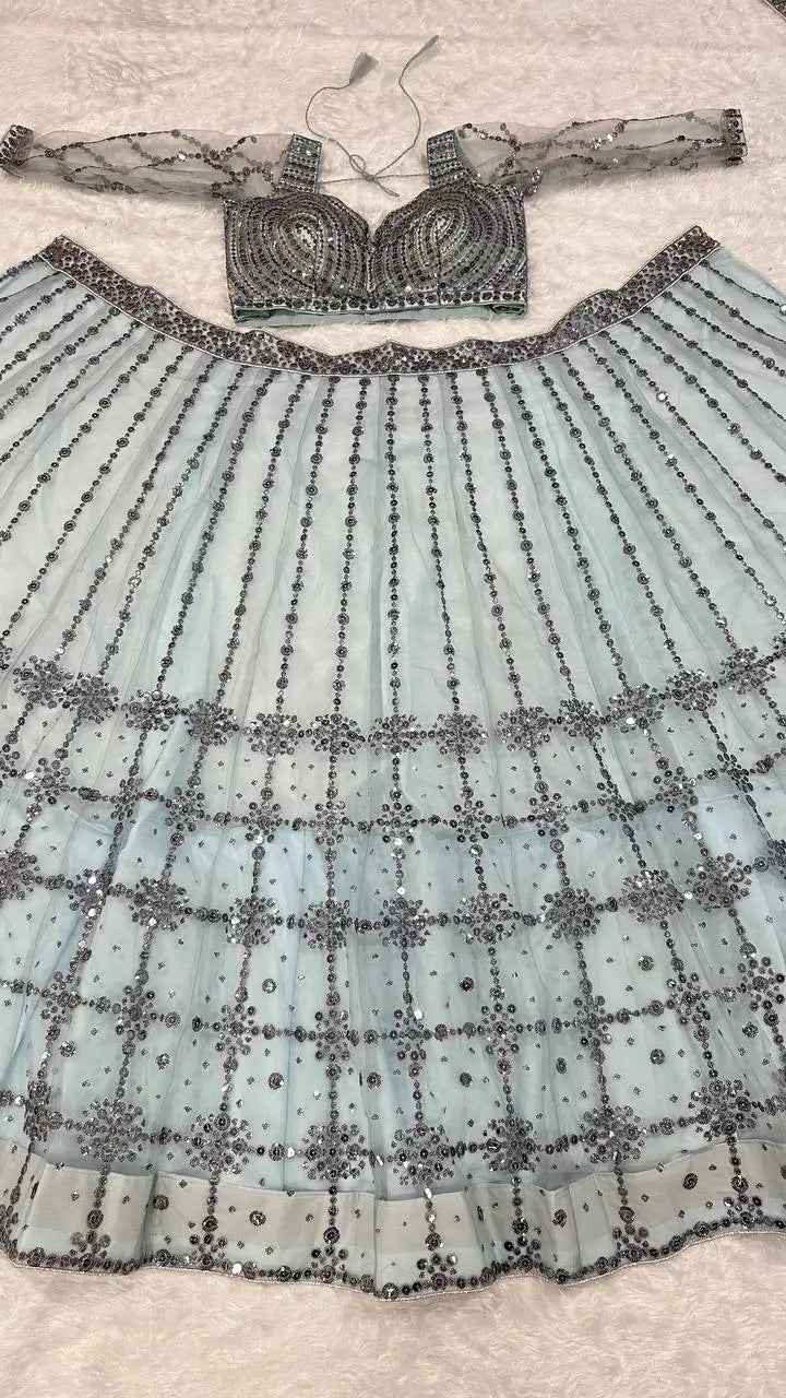 Sky Blue Net Sequence Work Lehenga Choli