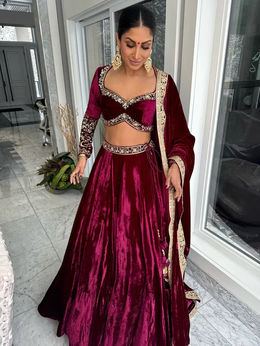Wine Red Velvet Thread, Sequence & Dori Work Lehenga Choli