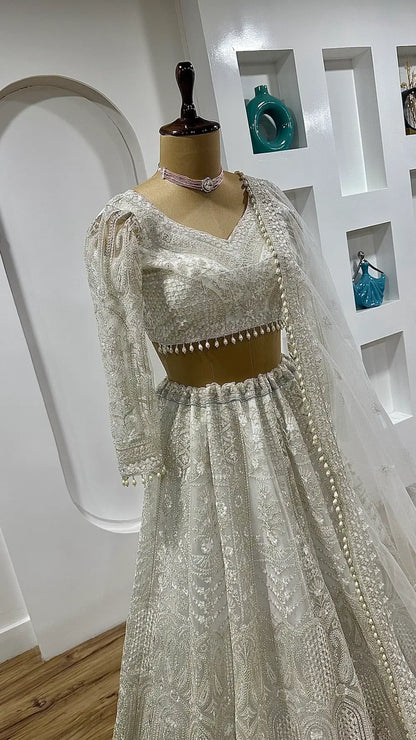 White Net Lehenga Choli With Thread, Sequence & Dori Work