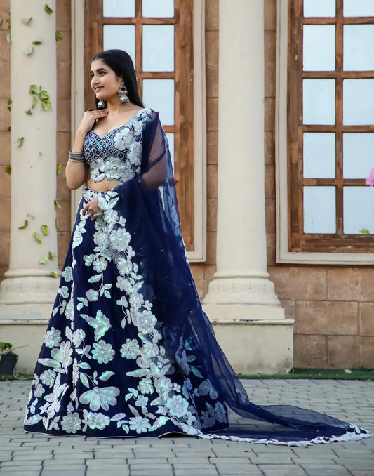 Navy Blue Kasturi Silk Lehenga Choli With Sequence & Dori Work
