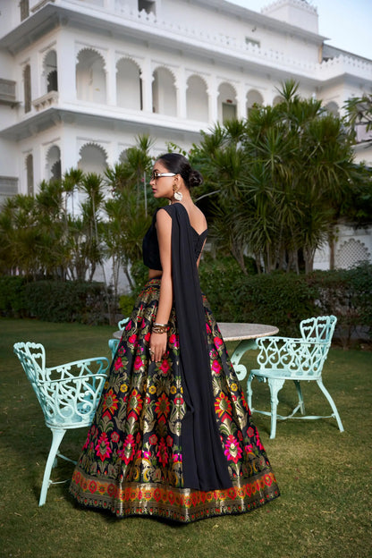 Black Banarasi Silk Crop top Lehenga Choli