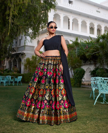 Black Banarasi Silk Crop top Lehenga Choli