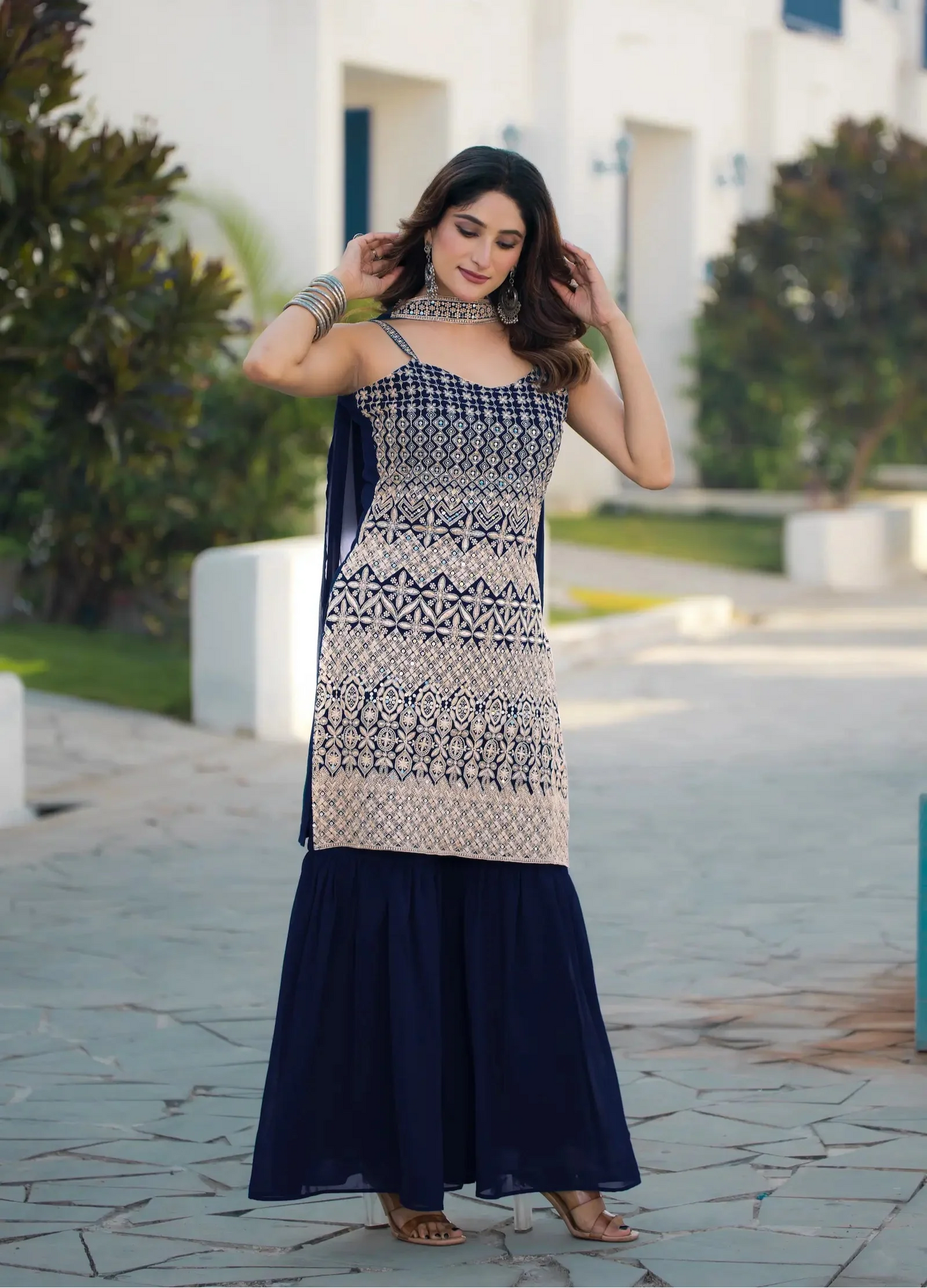 Navy Blue Georgette Sequence Embroidery Work Salwar Suit