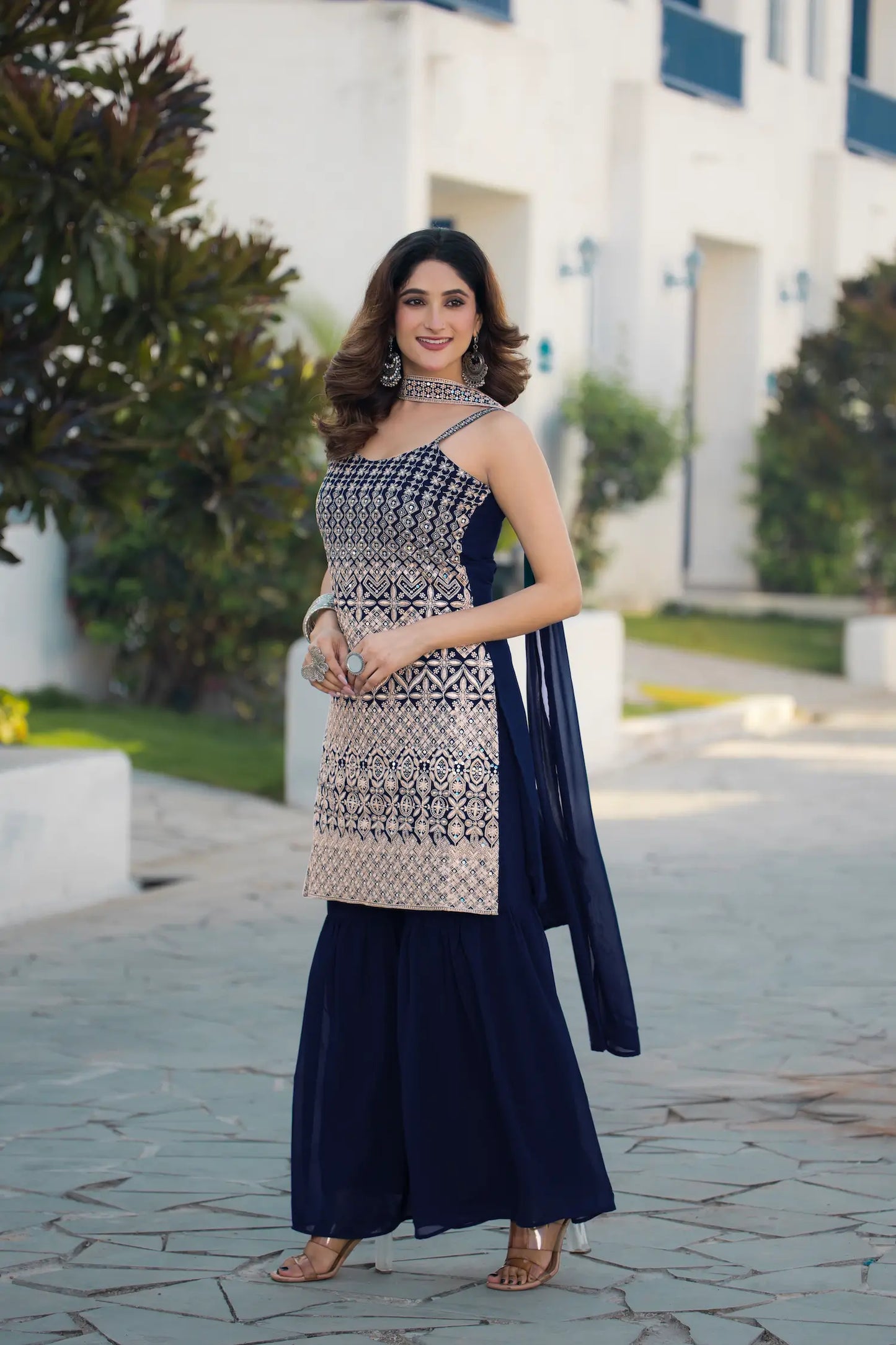 Navy Blue Georgette Sequence Embroidery Work Salwar Suit