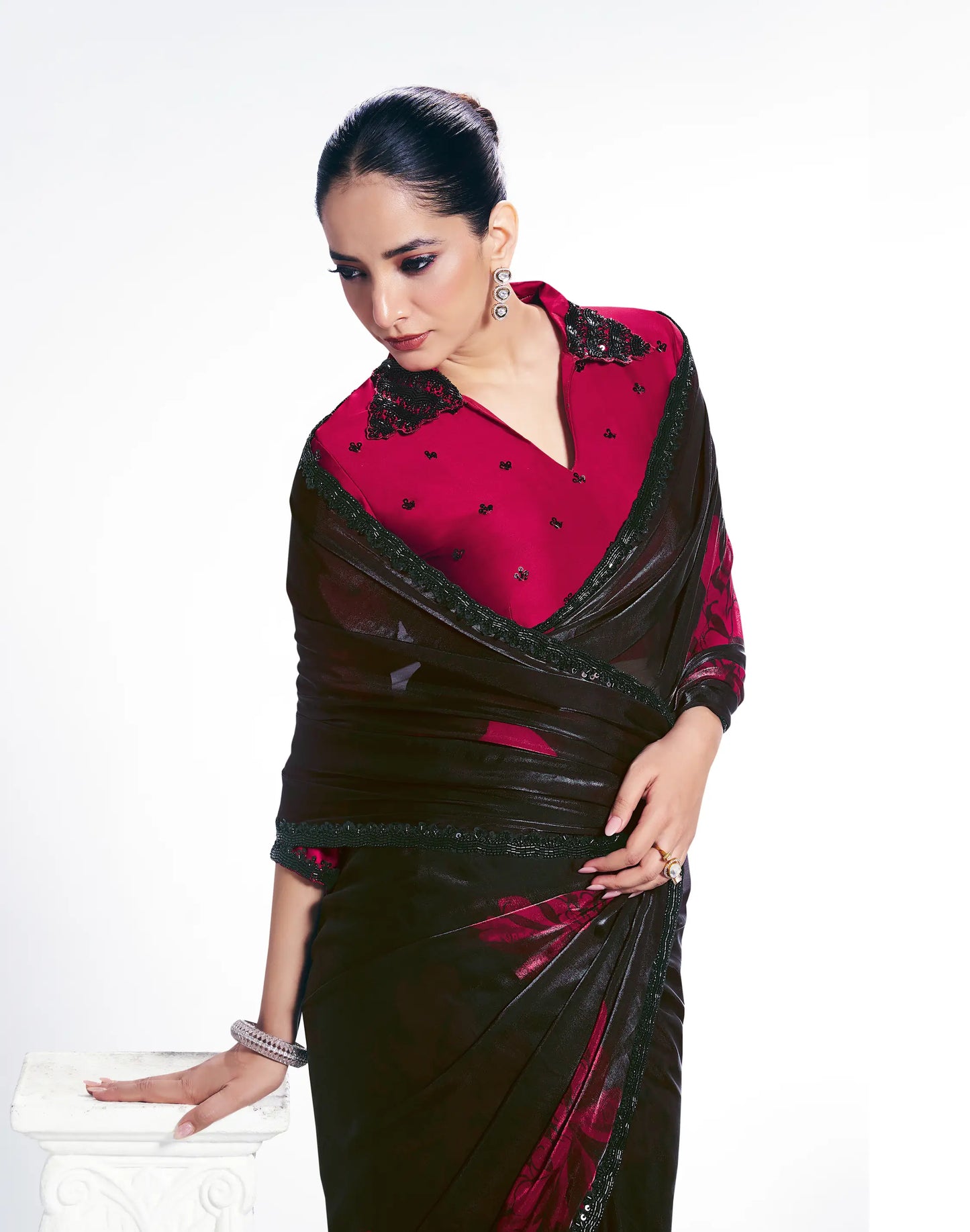 Black Satin Silk Saree With Print & Beads Embroidery