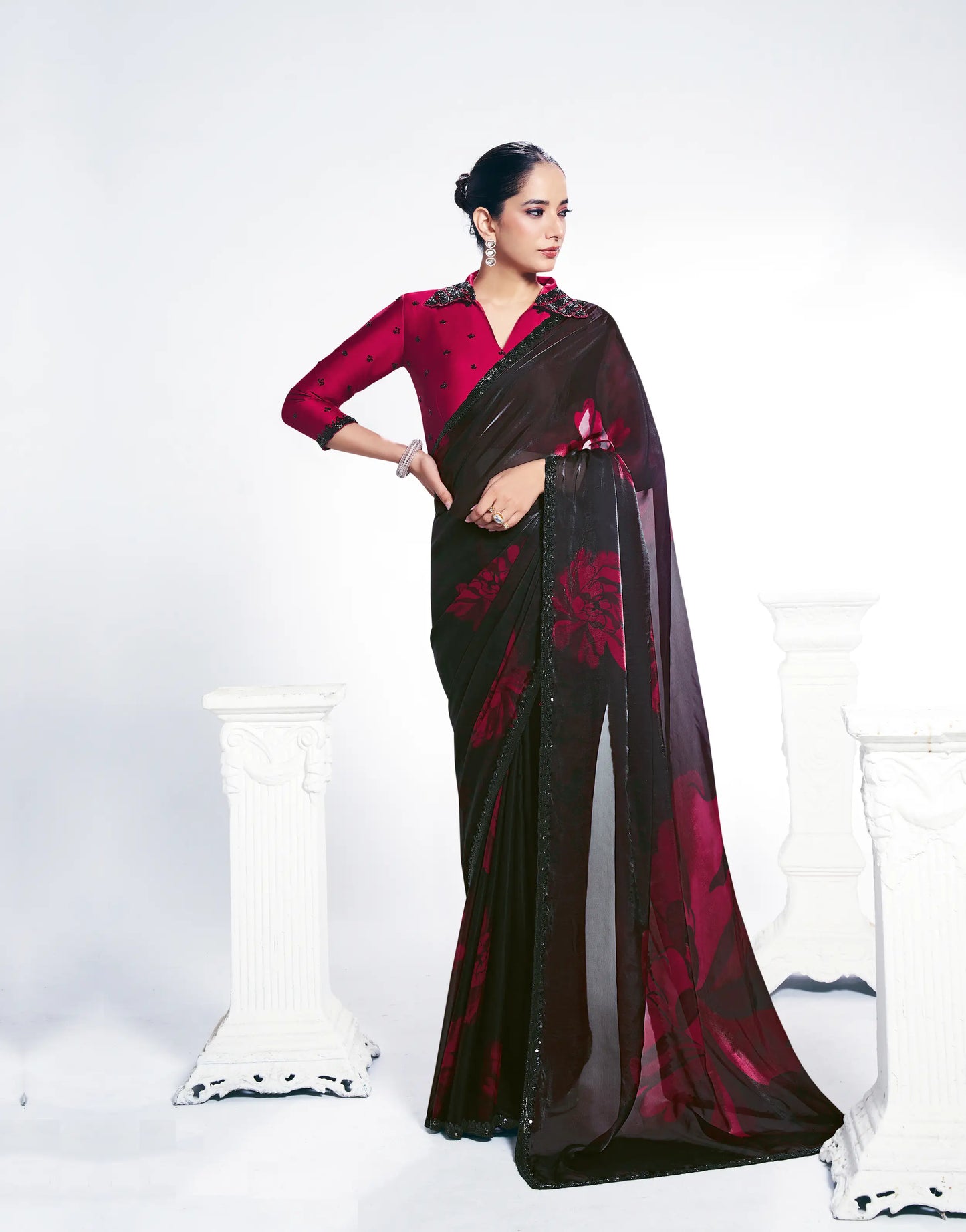 Black Satin Silk Saree With Print & Beads Embroidery