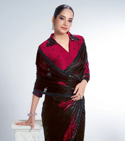 Black Satin Silk Saree With Print & Beads Embroidery