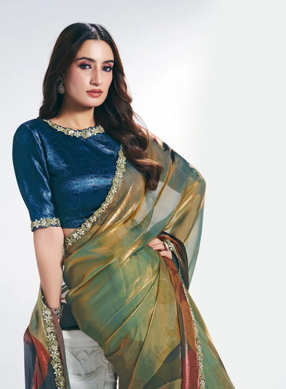 Multicolor Satin Silk Saree With Print & Stone Handwork