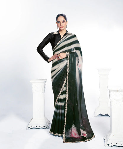 Black Satin Silk Saree With Print & Stone Handwork