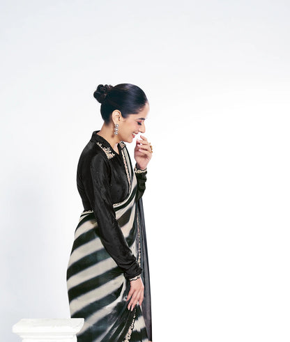 Black Satin Silk Saree With Print & Stone Handwork