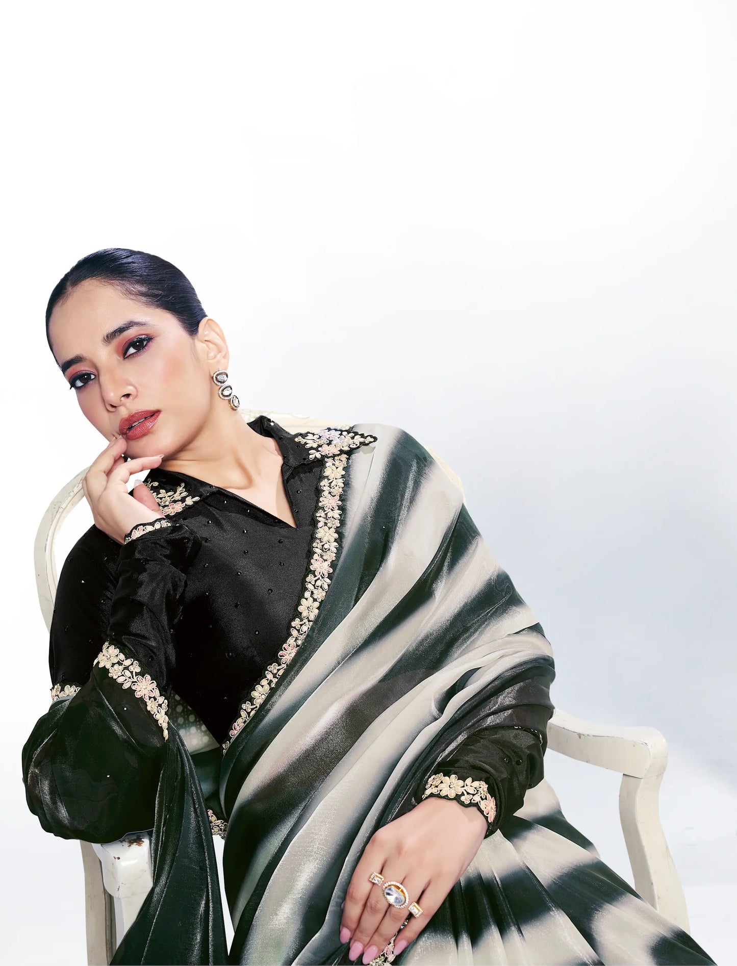 Black Satin Silk Saree With Print & Stone Handwork