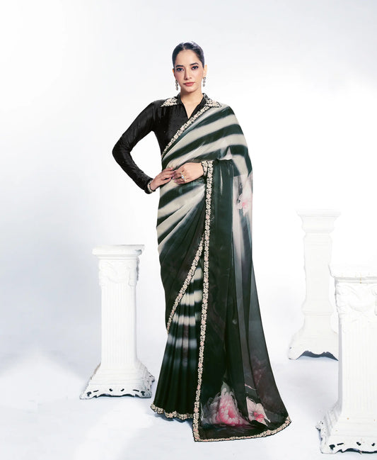 Black Satin Silk Saree With Print & Stone Handwork