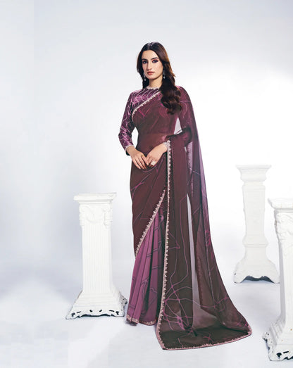 Berry Wine Satin Silk Saree With Print & Stone Handwork