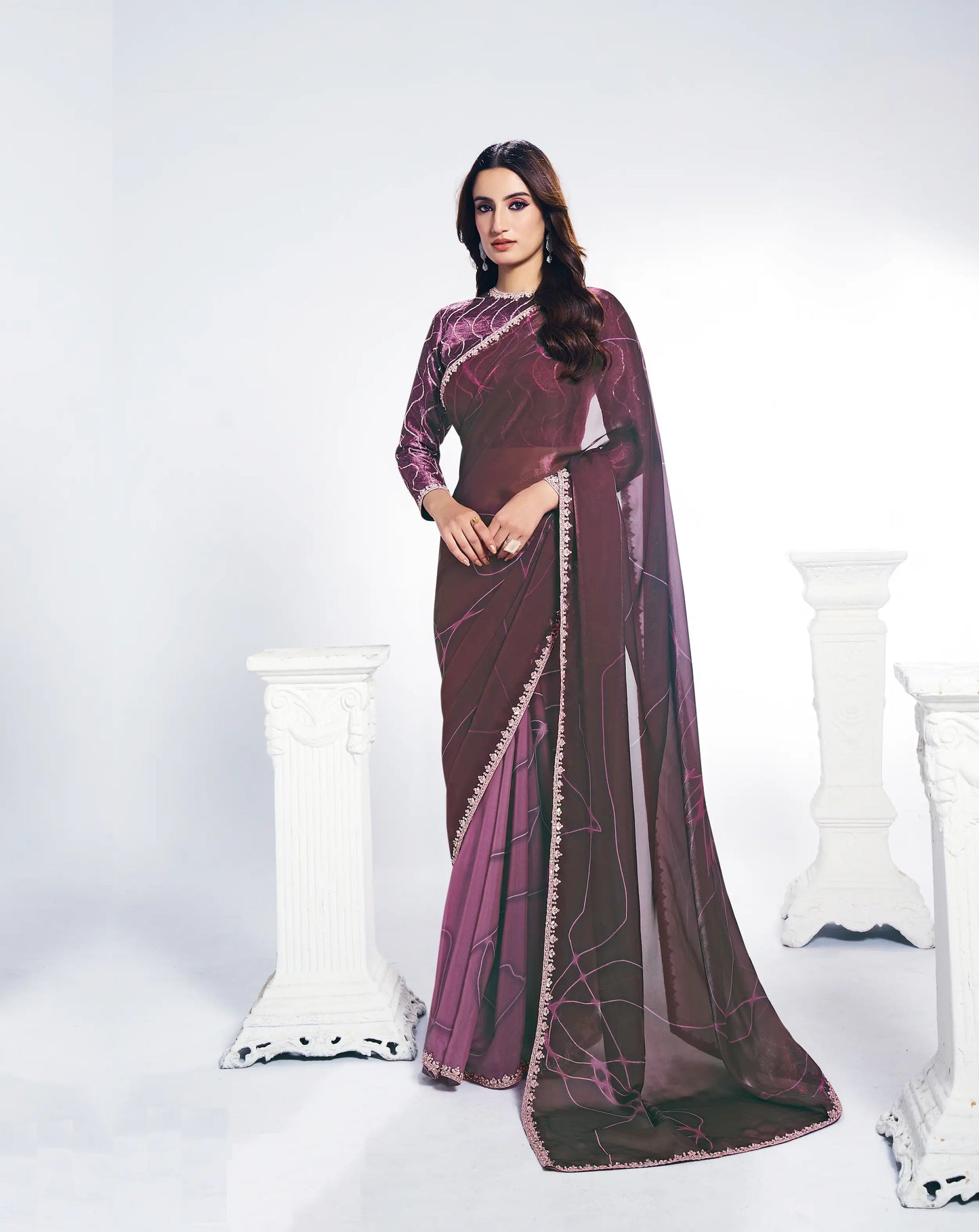 Berry Wine Satin Silk Saree With Print & Stone Handwork