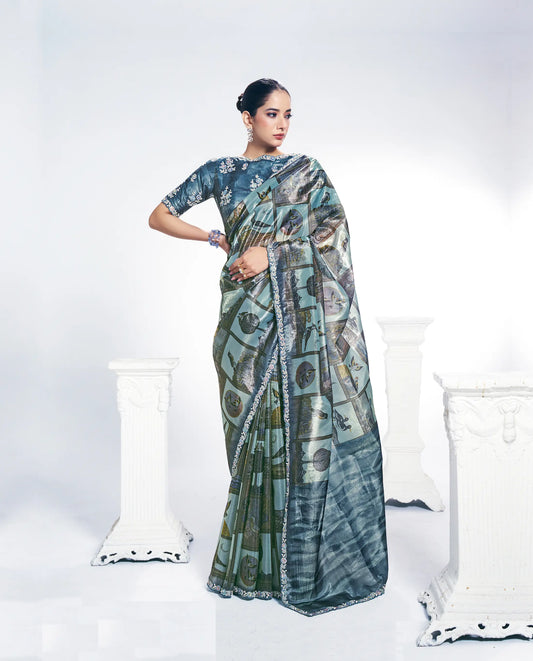Bluish Grey Paper Silk Saree With Print & Stone Handwork