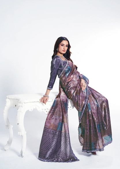 Dark Mauve Paper Silk Saree With Print & Stone Handwork