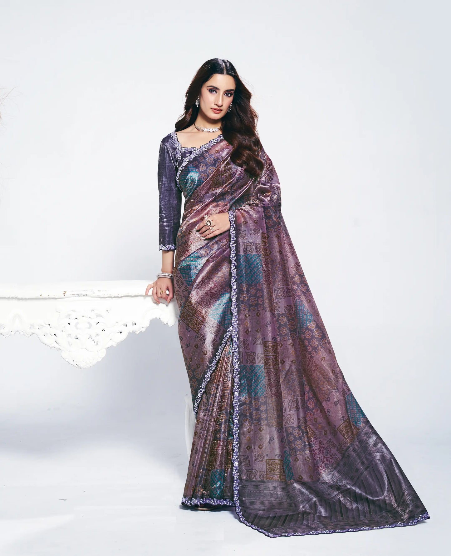 Dark Mauve Paper Silk Saree With Print & Stone Handwork