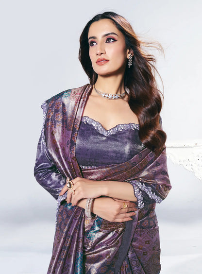 Dark Mauve Paper Silk Saree With Print & Stone Handwork