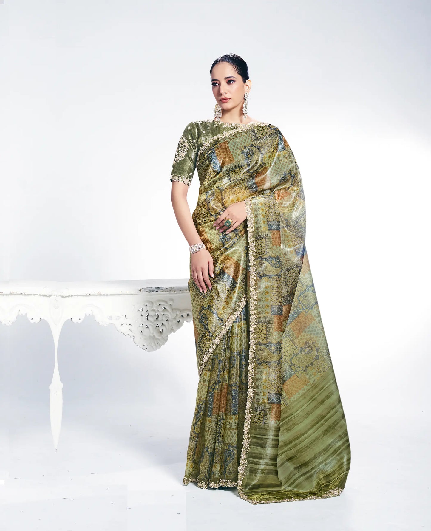 Olive Green Paper Silk Saree With Print & Stone Handwork