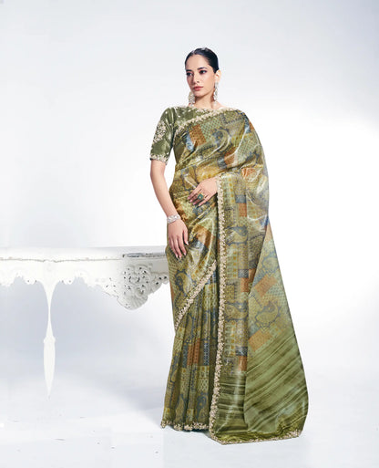 Olive Green Paper Silk Saree With Print & Stone Handwork