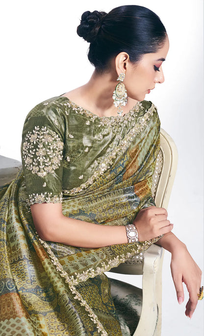 Olive Green Paper Silk Saree With Print & Stone Handwork