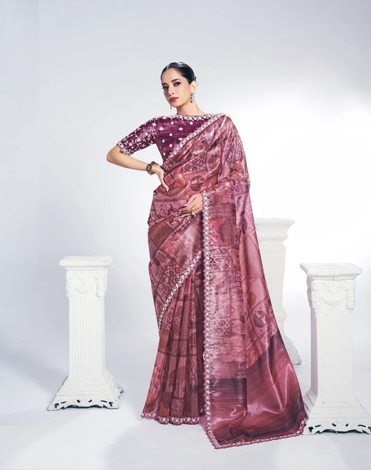 Brownish Pink Paper Silk Saree With Print & Stone Handwork