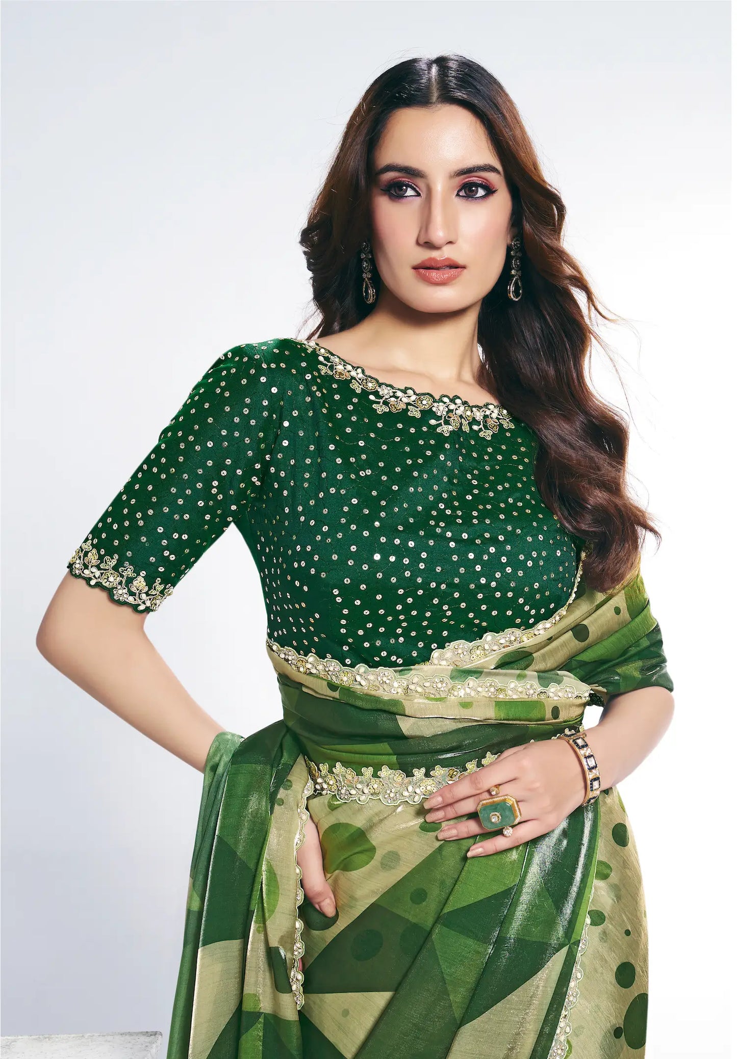 Green Satin Silk Saree With Print & Stone Handwork