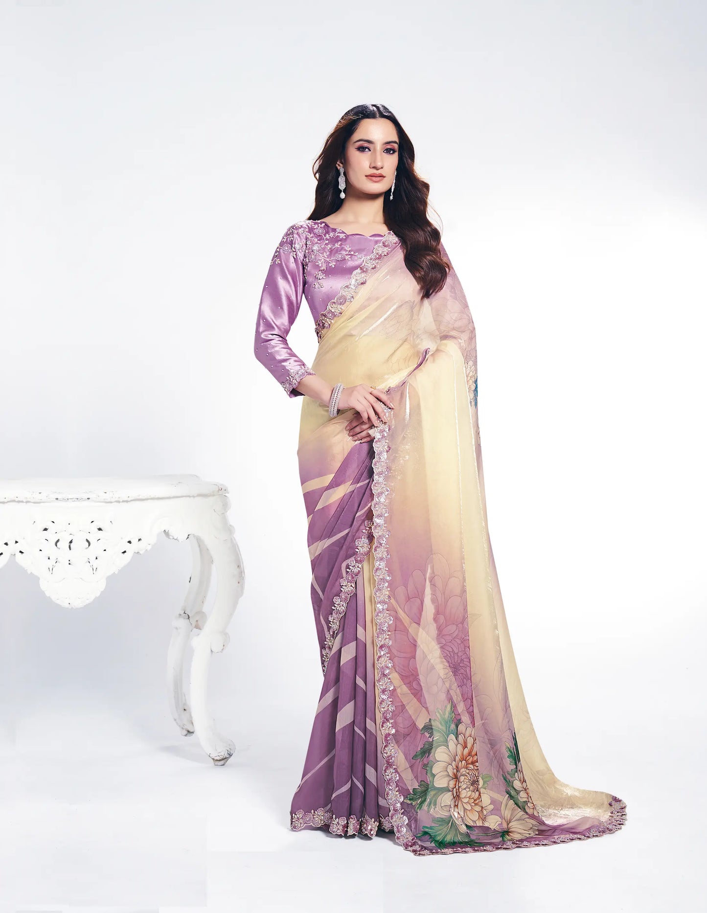 Lavender Satin Silk Saree With Print & Stone Handwork