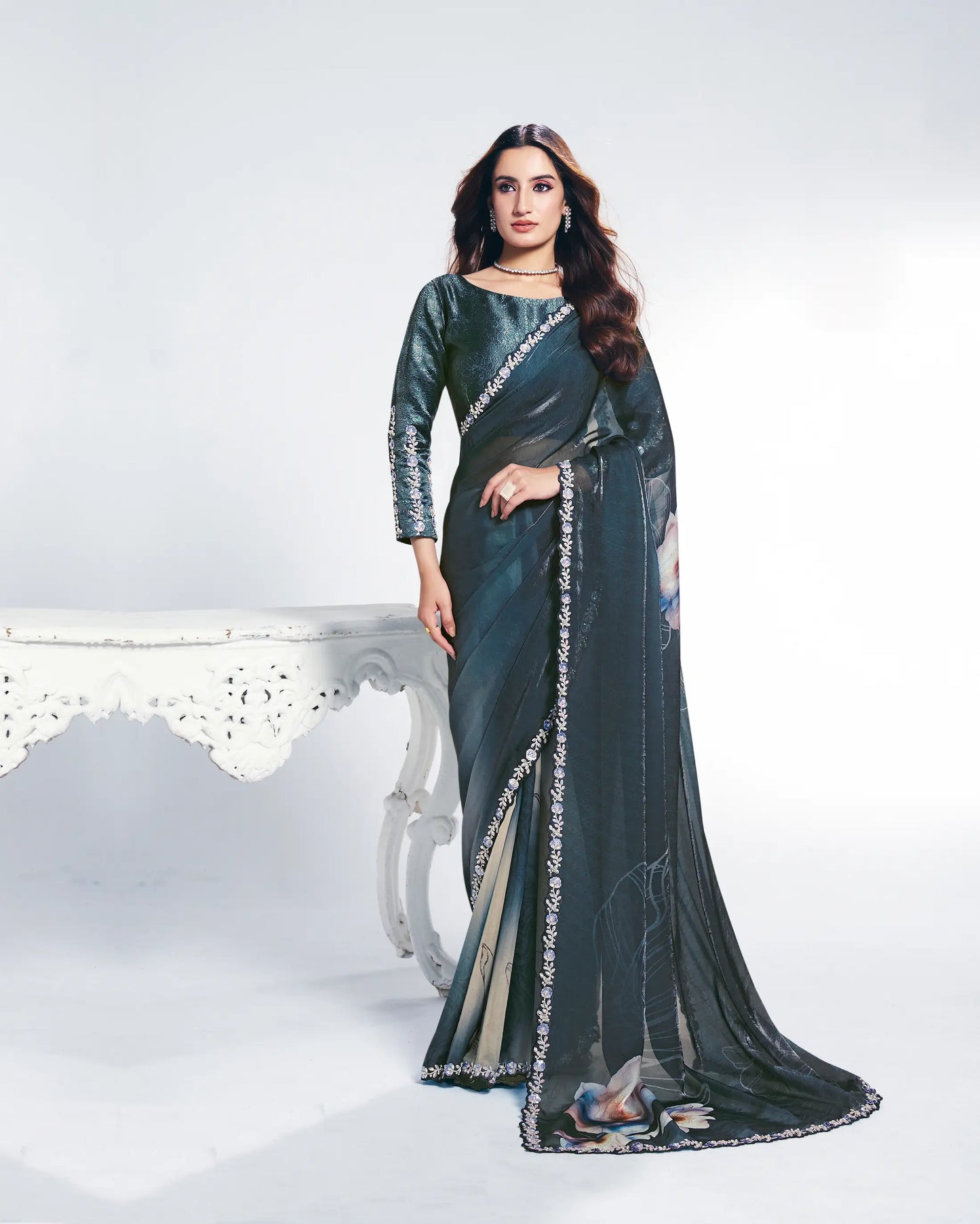 Greyish Teal Satin Silk Saree With Print & Stone Handwork