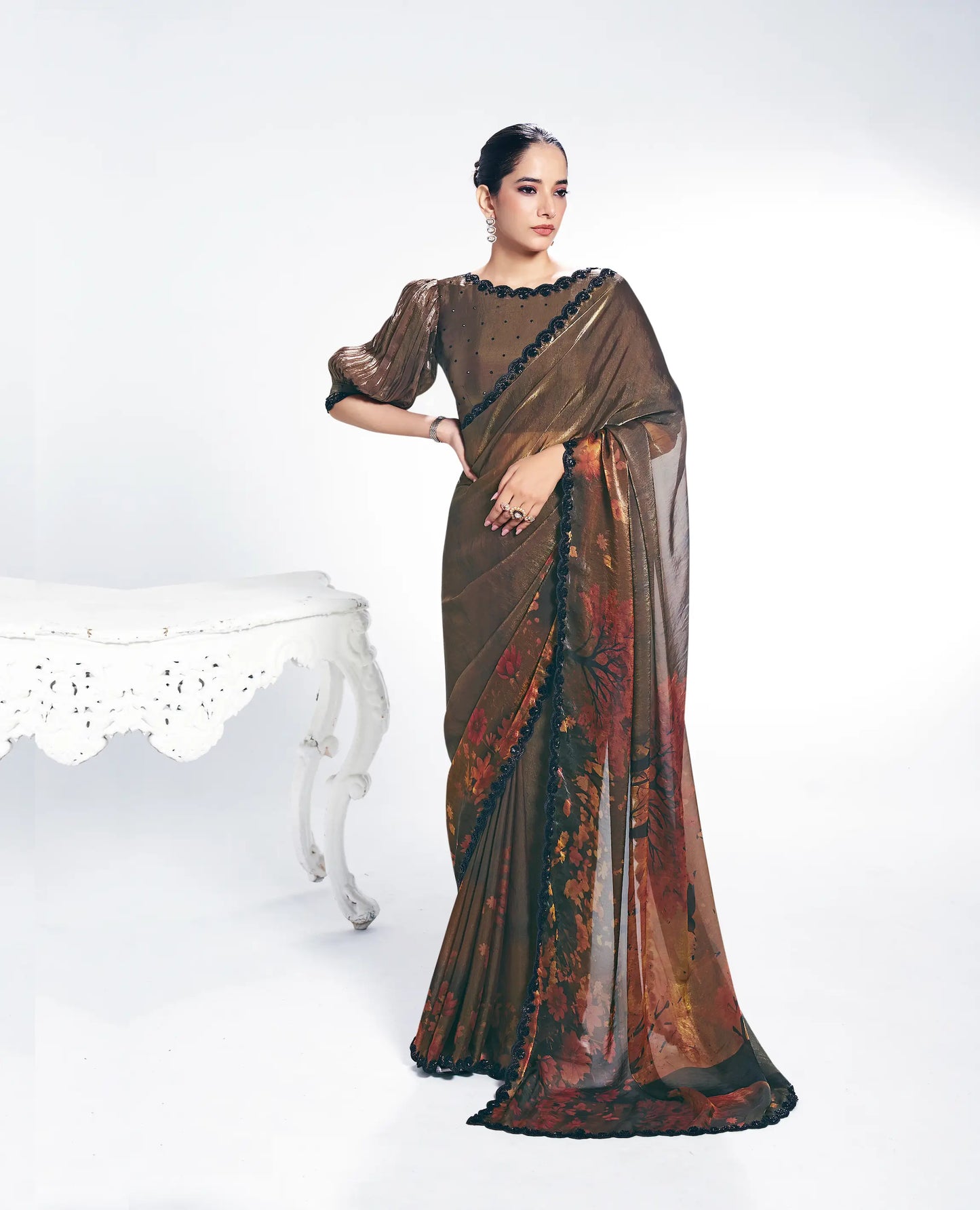Tobacco Brown Satin Silk Saree With Print & Beads Embroidery