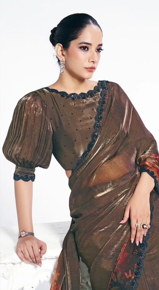 Tobacco Brown Satin Silk Saree With Print & Beads Embroidery