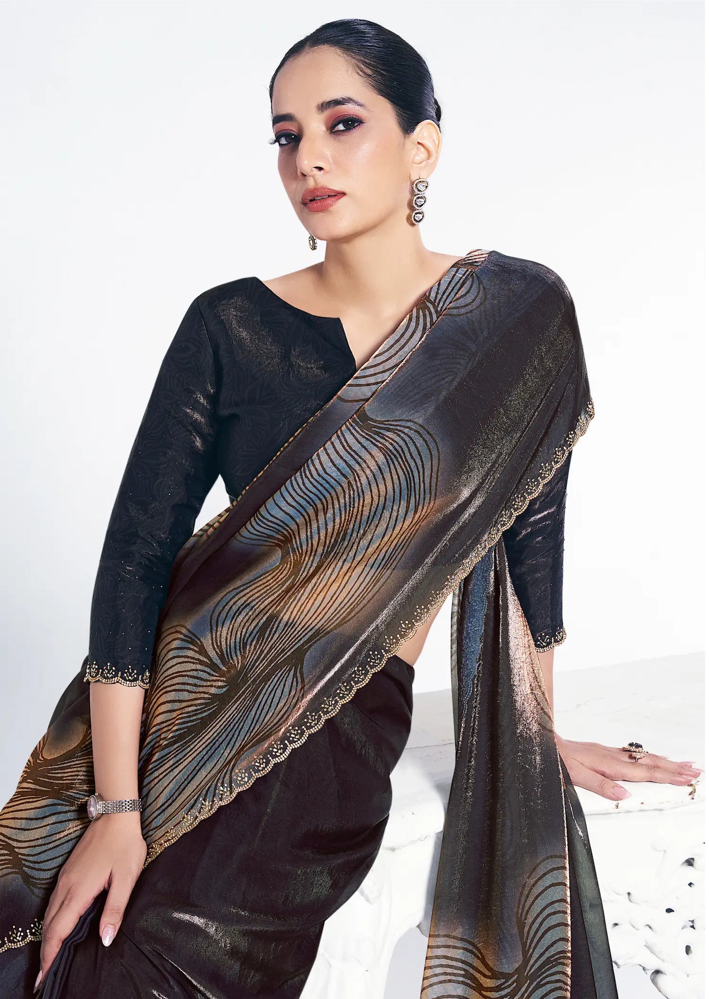 Black Satin Silk Saree With Print & Serocky Stone Work