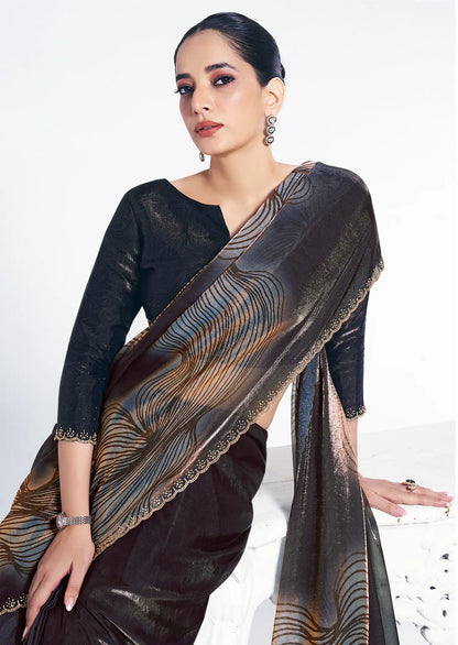 Black Satin Silk Saree With Print & Serocky Stone Work