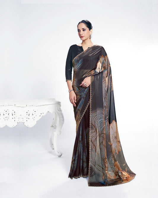 Black Satin Silk Saree With Print & Serocky Stone Work