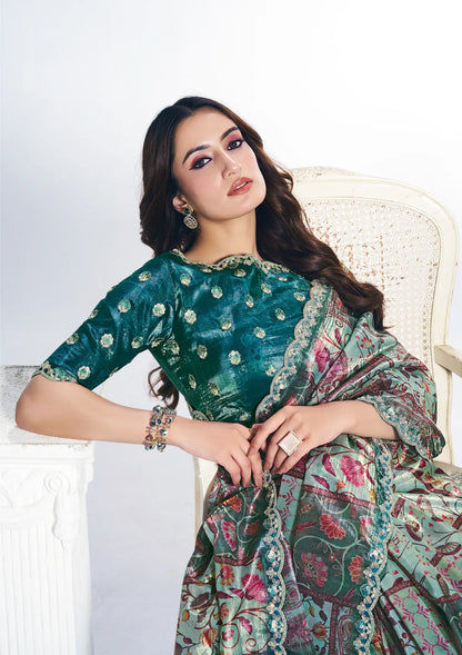Green Paper Silk Saree With Print & Stone Handwork